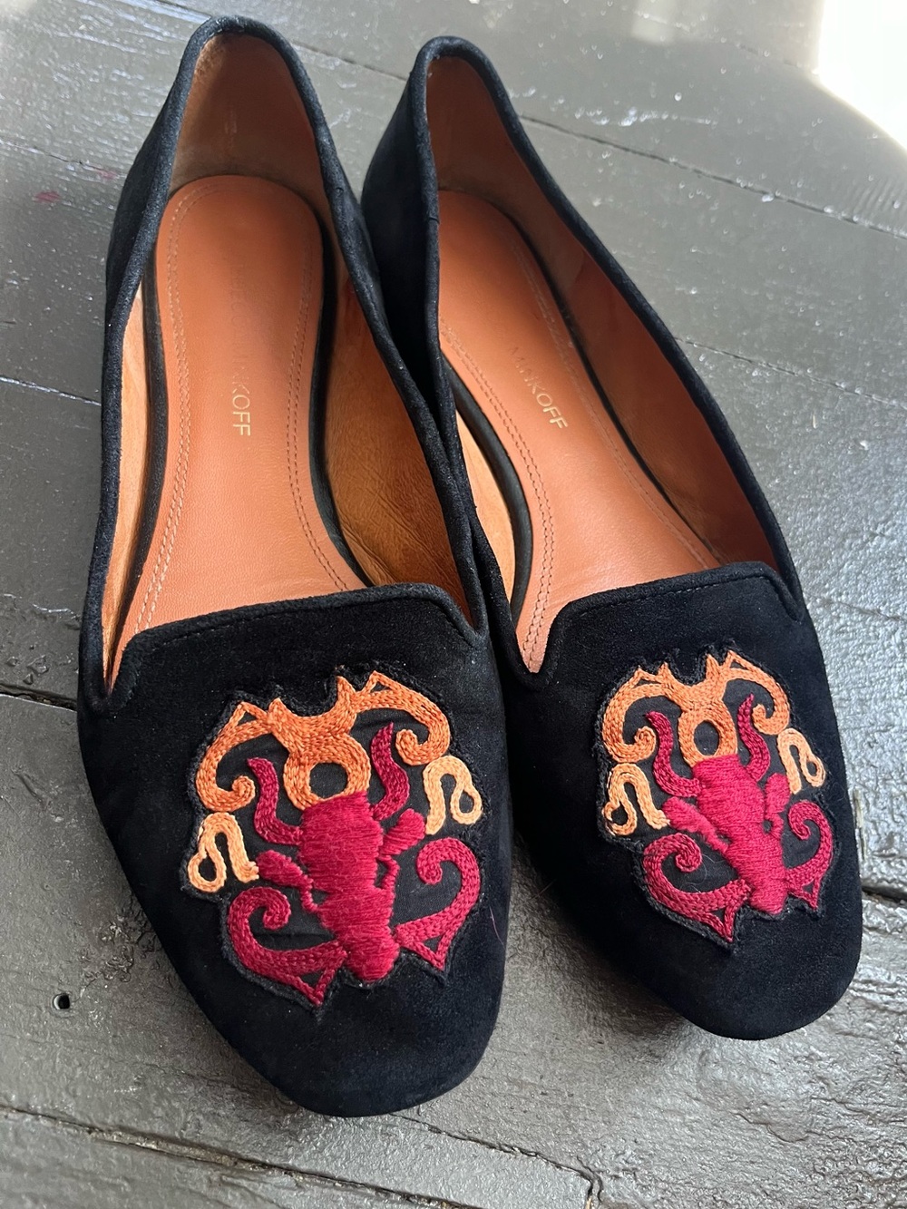 Rebecca Minkoff Astro Too Suede  Black Velvet Loafers Red & Orange Embroidery